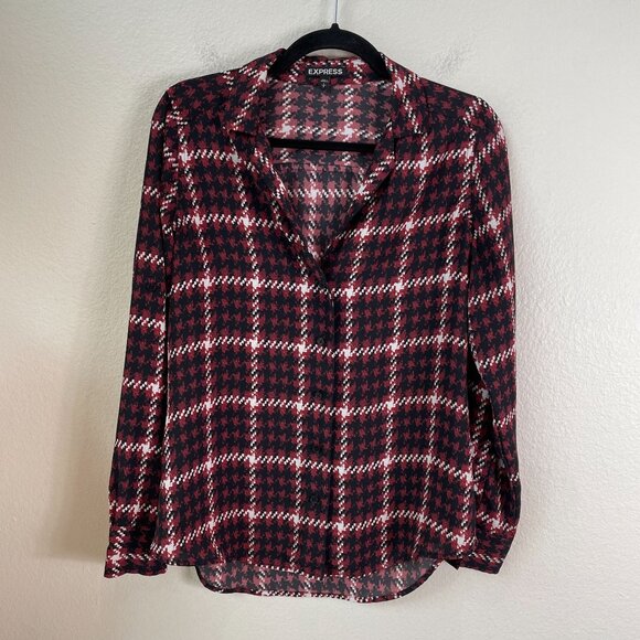Express Womens Small Plaid Roll Tab Sleeve Blouse Button Up Shirt Top - Picture 1 of 8